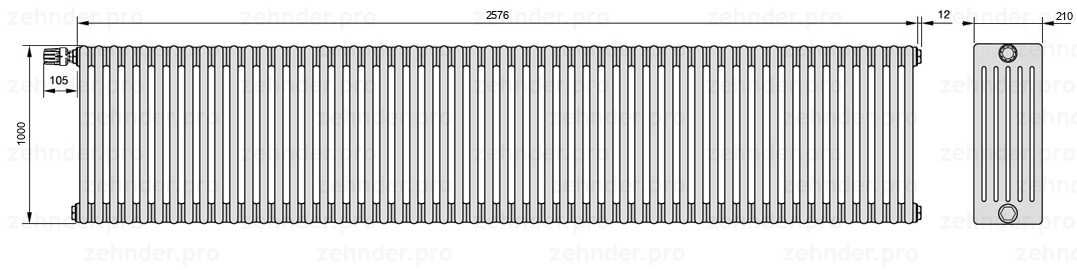 Схема (чертеж) Радиатор Zehnder Charleston 6100/56 №V011 Белый глянцевый RAL 9016